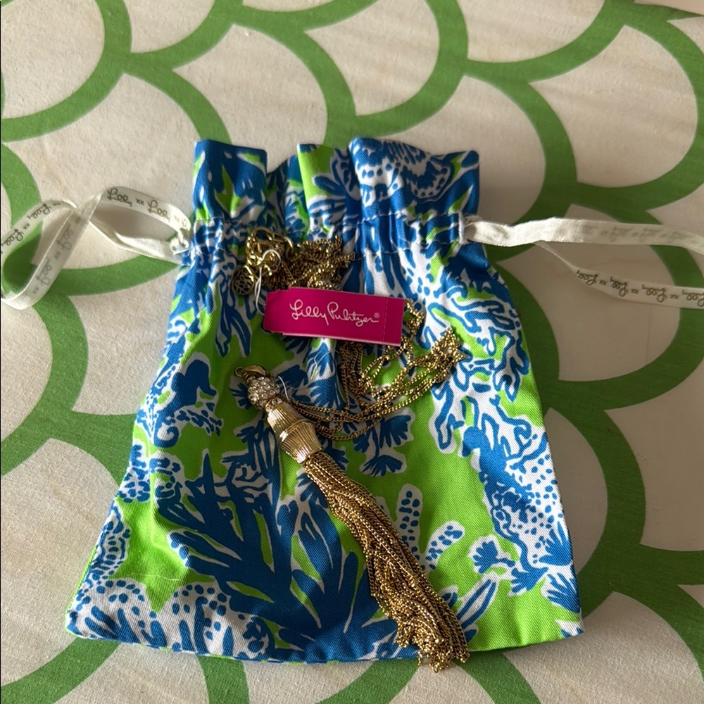 Lilly Pulitzer Blue and Green Drawstring Bag with Gold Tassel Necklace